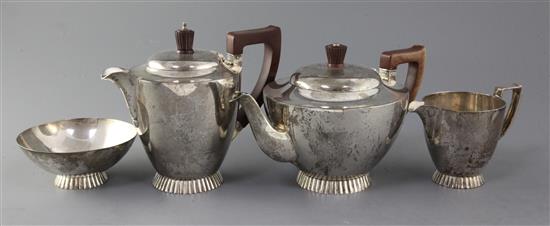 A matched 1930s Art Deco silver four piece tea set,